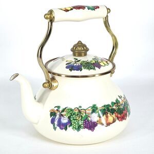 Vintage Metro Enamel‎ Teapot Vitroceramic VHTF Fruit Handle Kitchen Collectible